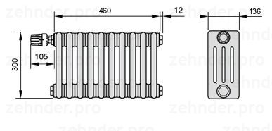 Схема (чертеж) Радиатор Zehnder Charleston 4030/10 №V012 Белый глянцевый RAL 9016